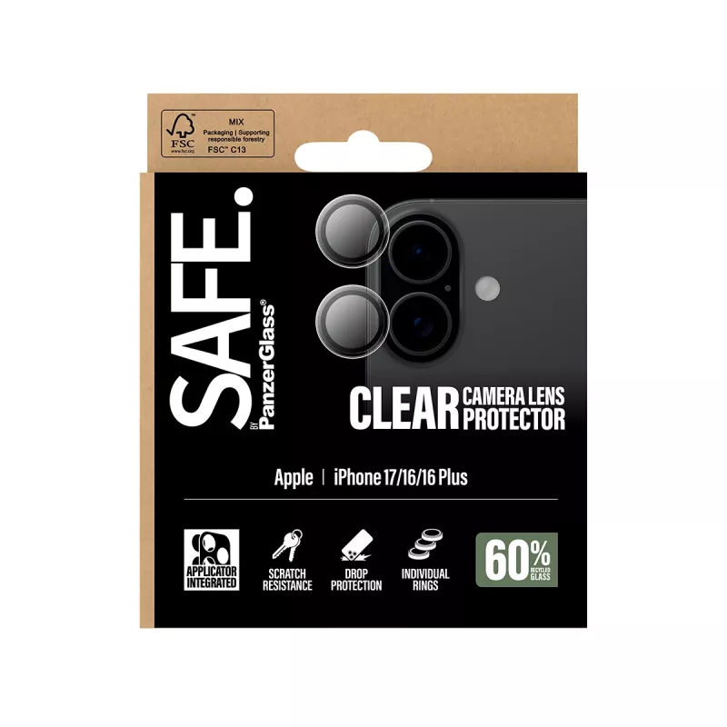 PanzerGlass SAFE -kameran linssinsuoja iPhone 17 16 16 Plus, naarmuuntumaton, iskunkestävä, läpinäkyvä