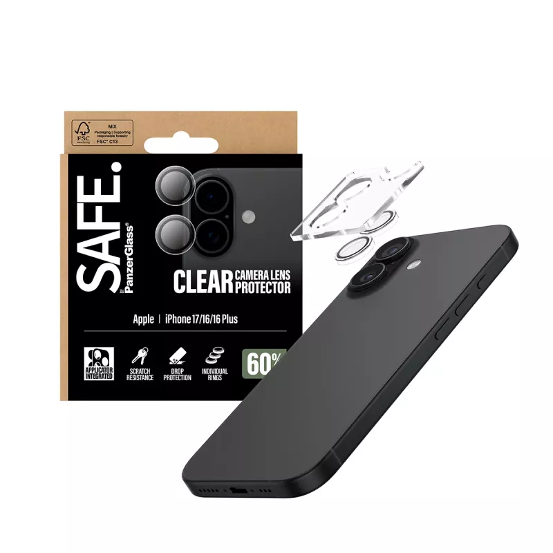 PanzerGlass SAFE -kameran linssinsuoja iPhone 17 16 16 Plus, naarmuuntumaton, iskunkestävä, läpinäkyvä