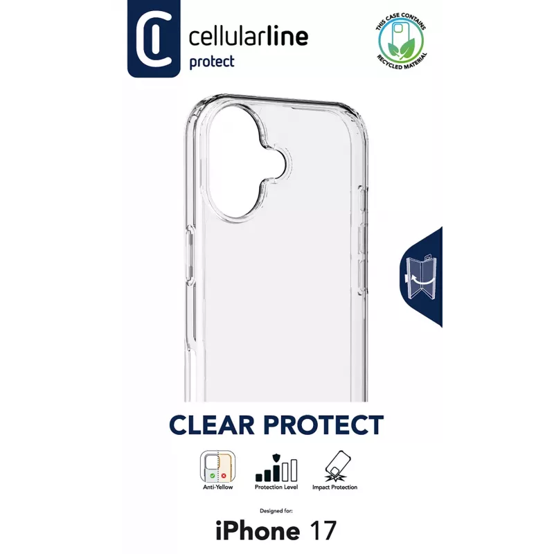Cellularline Clear Protect – iPhone 17 kova kuori kumireunoilla