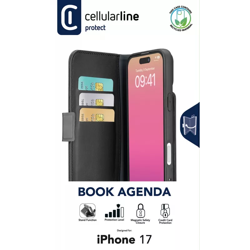 Cellularline Book Agenda – nahkajäljitelmäinen kirjakotelo magneettisulkimella iPhone 17:lle