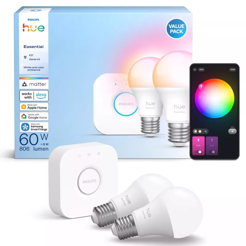 Philips Hue White and colour ambience Essential aloituspaketti: 2 E27 älylamppua (806 lm)