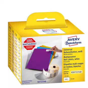 Avery AS0722540 itseliimautuvat, uudelleen irrotettavat suorakaidetarrat — 32 × 57 mm, valkoinen, 1000 kpl