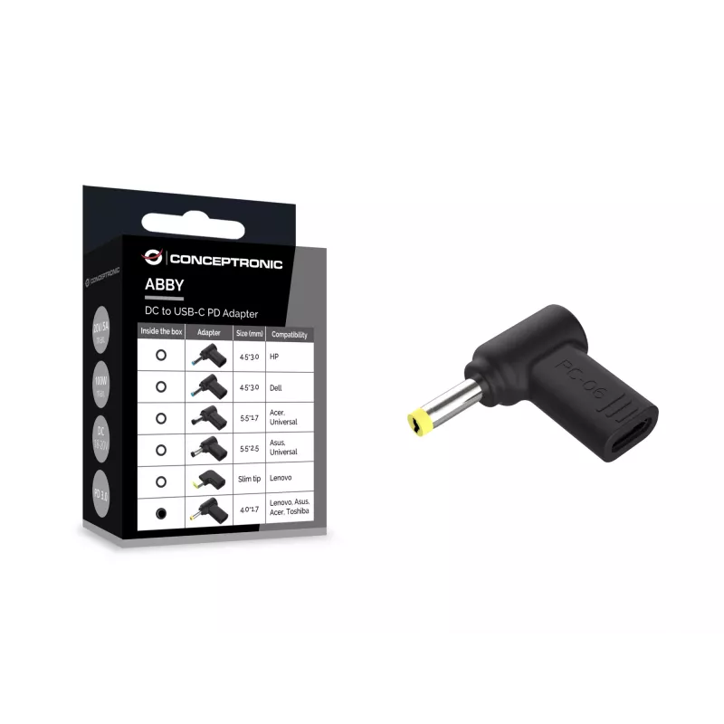 Conceptronic ABBY15PC06 DC–USB-C-adapteri, Lenovo/Asus/Acer/Toshiba 4,0x1,7 mm, 18–20 V