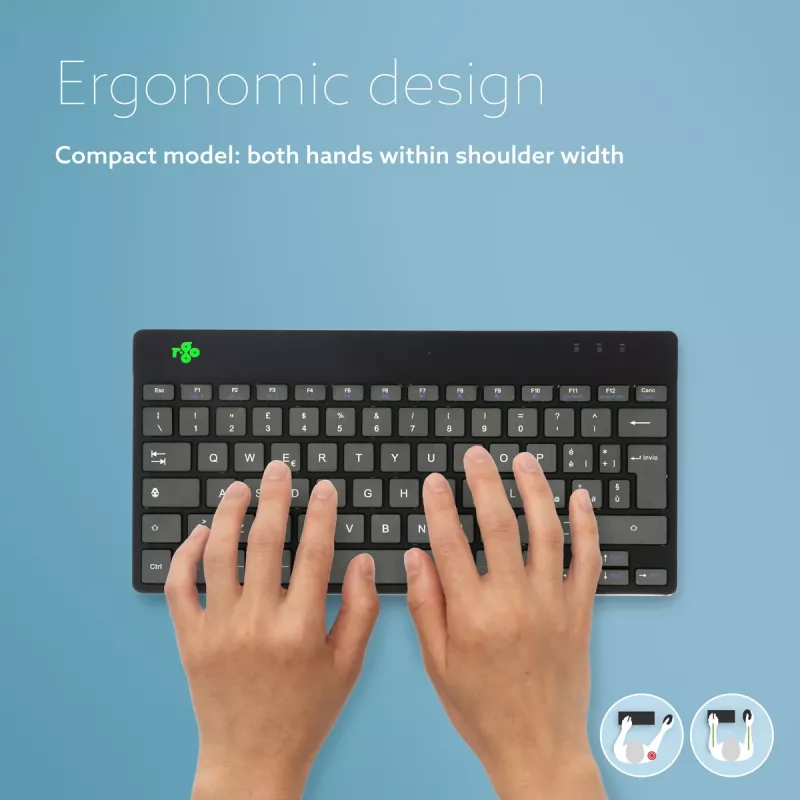 R-Go Tools ergonominen näppäimistö R-Go Compact Break, kompakti näppäimistö tauko-ohjelmistolla, QWERTY (IT), Bluetooth, musta