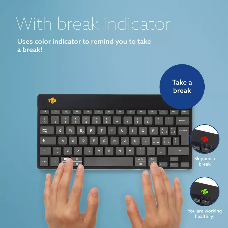 R-Go Tools ergonominen näppäimistö R-Go Compact Break, kompakti näppäimistö tauko-ohjelmistolla, QWERTY (IT), Bluetooth, musta