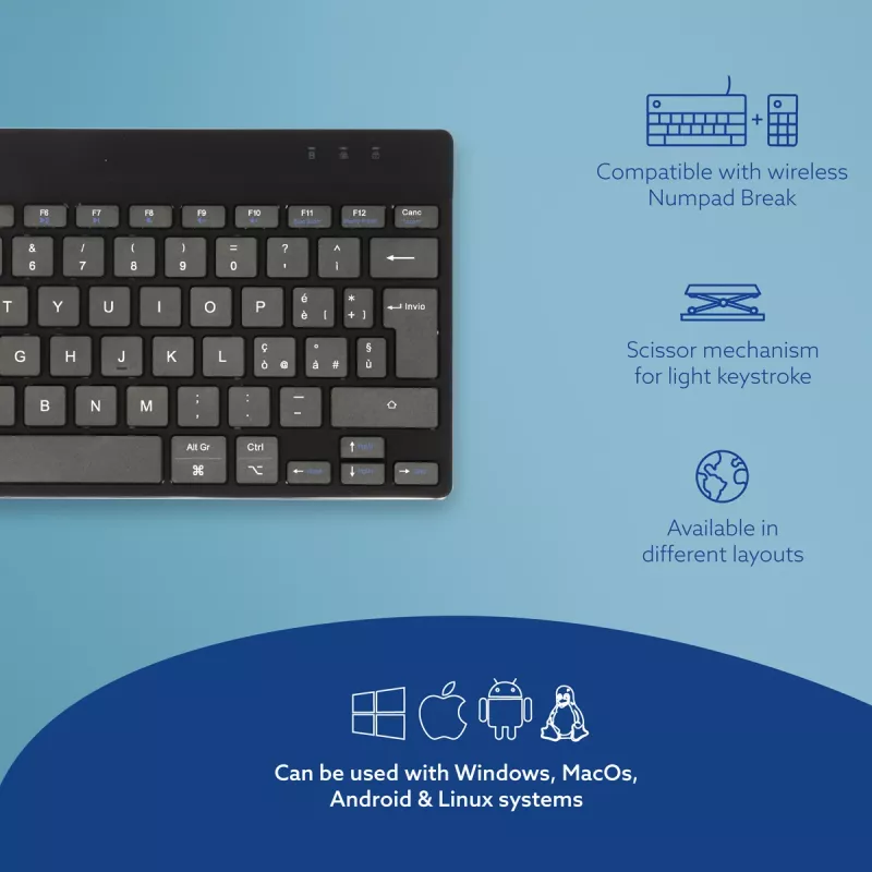 R-Go Tools ergonominen näppäimistö R-Go Compact Break, kompakti näppäimistö tauko-ohjelmistolla, QWERTY (IT), Bluetooth, musta