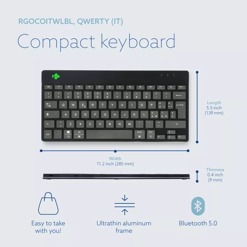 R-Go Tools ergonominen näppäimistö R-Go Compact Break, kompakti näppäimistö tauko-ohjelmistolla, QWERTY (IT), Bluetooth, musta