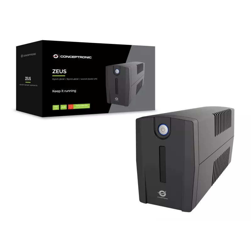 Conceptronic ZEUS01G 650VA 360W UPS, UK-pistorasia x 2, HID USB, RJ45 sisään/ulos, AVR