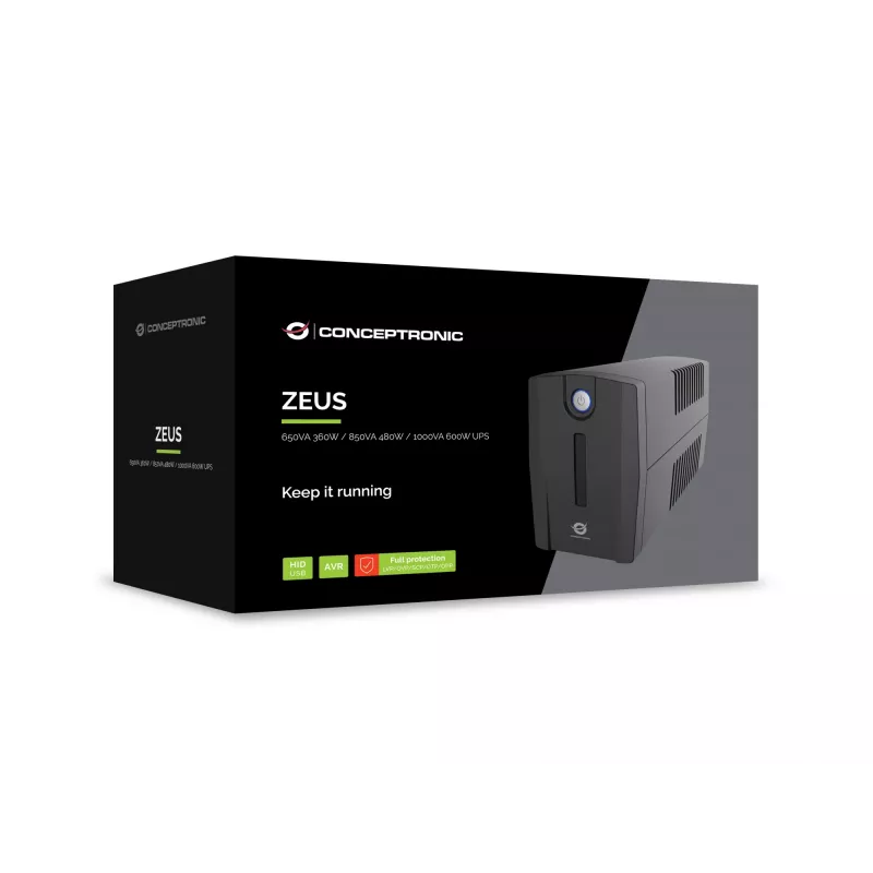 Conceptronic ZEUS01G 650VA 360W UPS, UK-pistorasia x 2, HID USB, RJ45 sisään/ulos, AVR