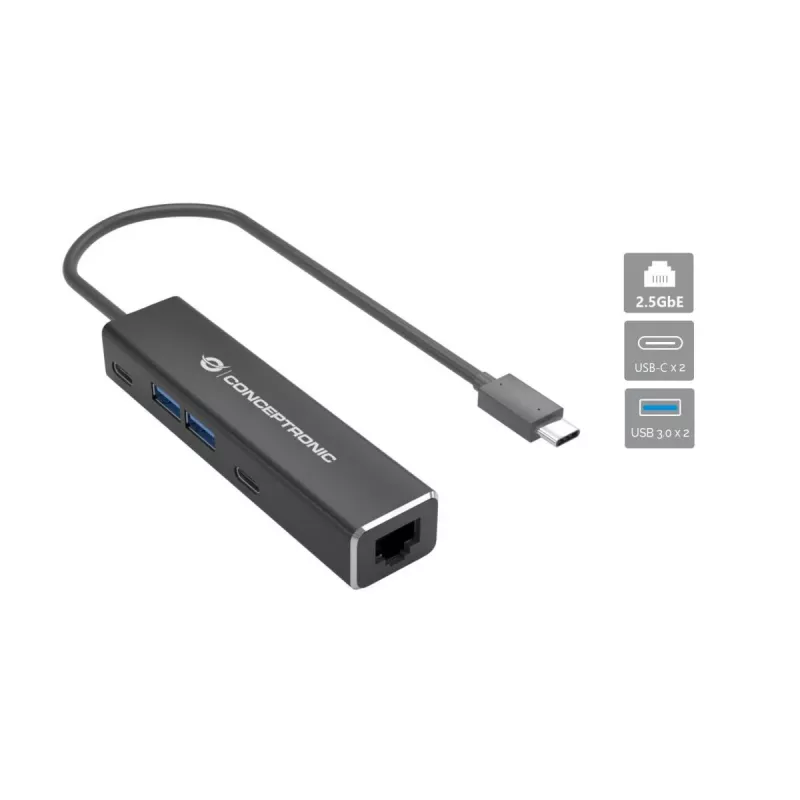 Conceptronic ABBY14B 2.5G Ethernet USB 3.2 Gen 1 -adapteri USB-keskittimellä, 2.5GbE, USB-A x 2, USB-C x 2