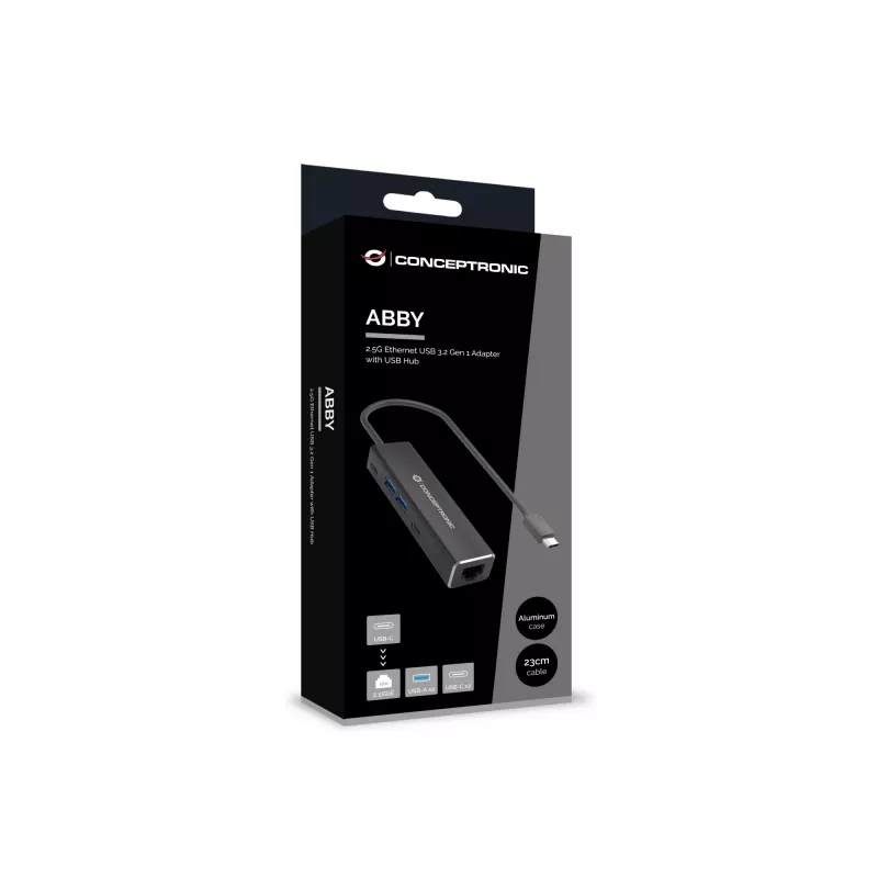 Conceptronic ABBY14B 2.5G Ethernet USB 3.2 Gen 1 -adapteri USB-keskittimellä, 2.5GbE, USB-A x 2, USB-C x 2