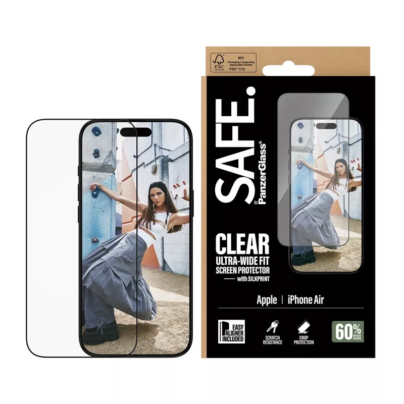 PanzerGlass SAFE Ultra-Wide Fit näytönsuoja mustalla kehyksellä, Apple iPhone Air