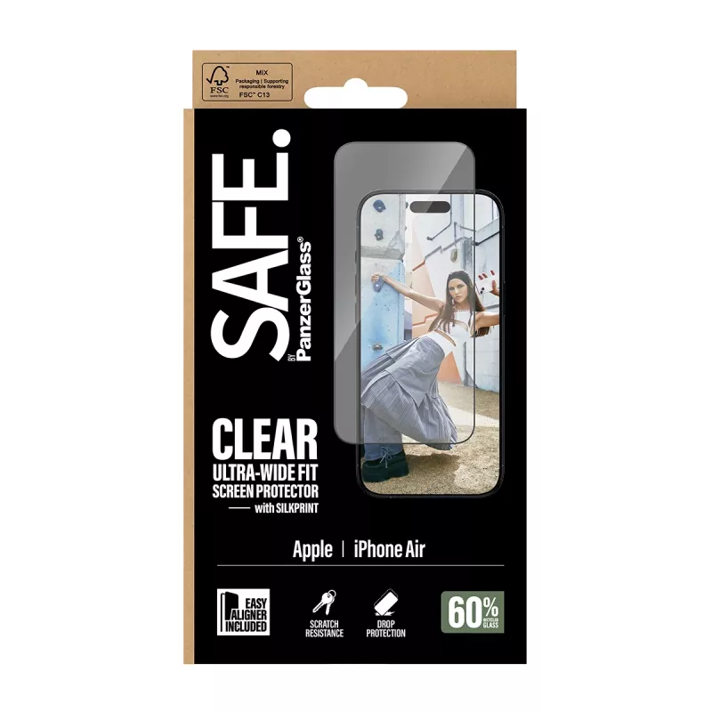 PanzerGlass SAFE Ultra-Wide Fit näytönsuoja mustalla kehyksellä, Apple iPhone Air