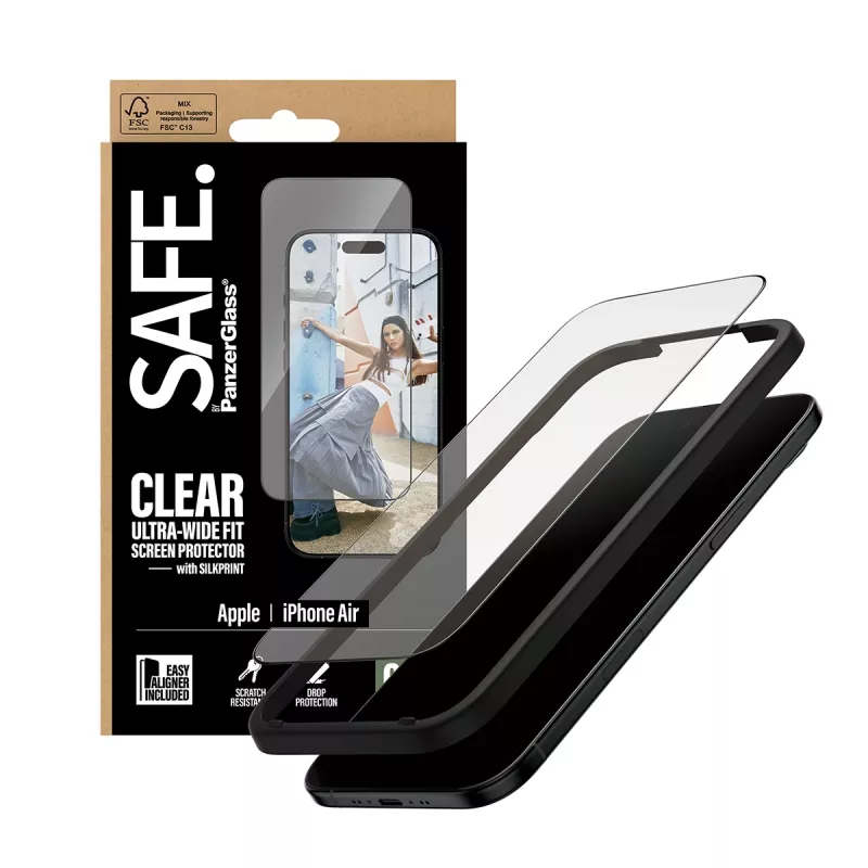 PanzerGlass SAFE Ultra-Wide Fit näytönsuoja mustalla kehyksellä, Apple iPhone Air