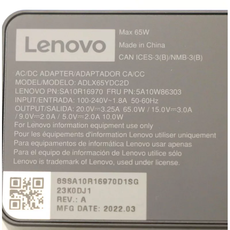 Verkkovirtalähde 65W USB Type-C Lenovo 5A10W86303, USB-C PD -virtalähde 65 W