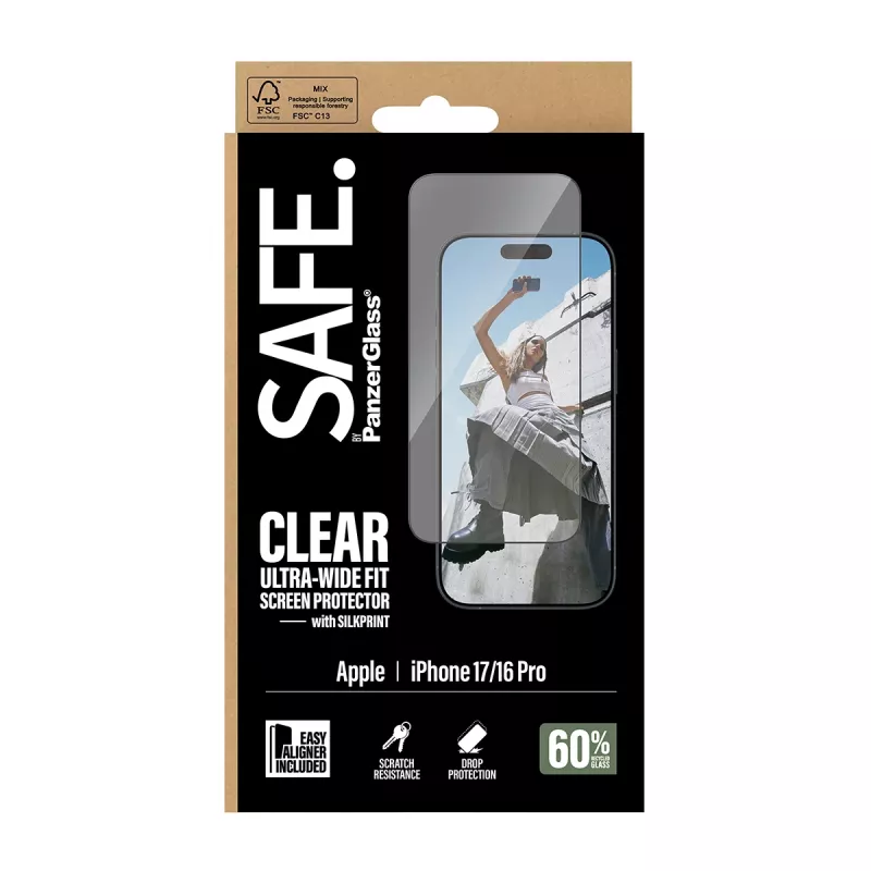 PanzerGlass SAFE. by ® näytönsuoja mustalla kehyksellä iPhone 17 | 16 Pro | Ultra-Wide Fit EasyAlignerilla