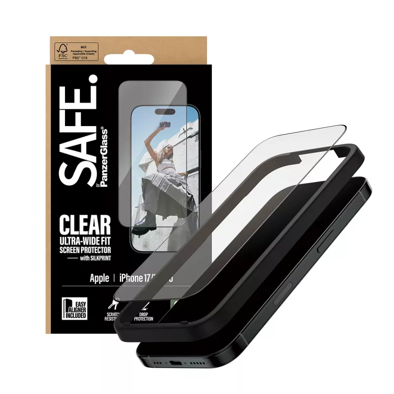 PanzerGlass SAFE. by ® näytönsuoja mustalla kehyksellä iPhone 17 | 16 Pro | Ultra-Wide Fit EasyAlignerilla