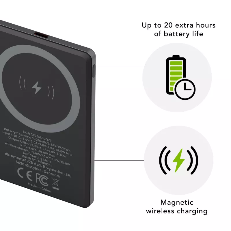 dbramante1928 re-charge - varavirtalähde 5K Wireless - harmaa, 5000 mAh, langaton lataus, 3,87 V, harmaa
