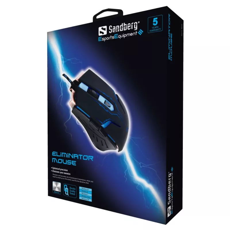 Sandberg Eliminator -hiiri, oikeakätinen, USB Type-A, 2400 DPI, musta