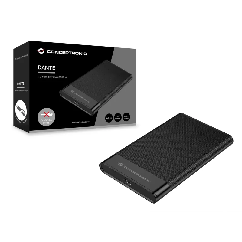 Conceptronic DANTE06B 2,5 tuuman kiintolevykotelo USB 3.0, HDD/SSD-kotelo, 2,5 tuumaa, Serial ATA III, 6 Gbit/s, USB-liitäntä, musta