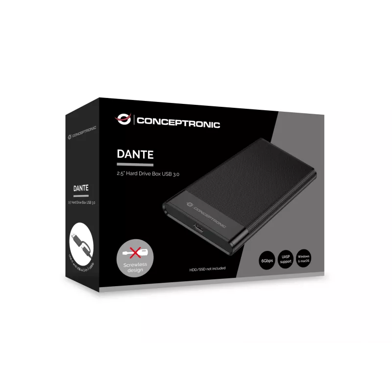 Conceptronic DANTE06B 2,5 tuuman kiintolevykotelo USB 3.0, HDD/SSD-kotelo, 2,5 tuumaa, Serial ATA III, 6 Gbit/s, USB-liitäntä, musta