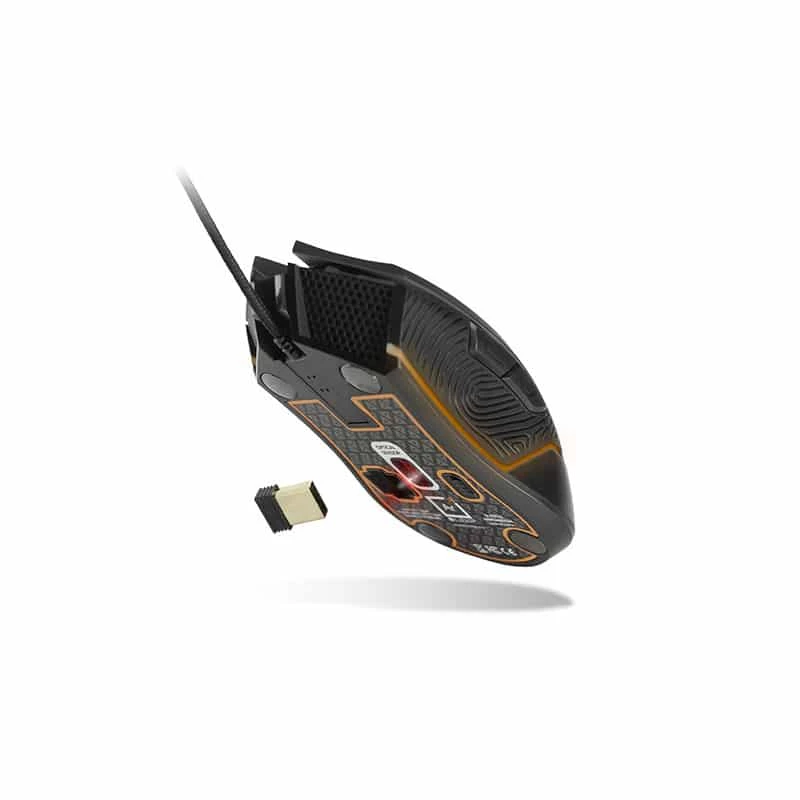 Lexip Ar18 – langaton pelihiiri keraamisilla liukupinnoilla, oikeakätinen, optinen, RF Wireless + USB Type-A, 4800 DPI, musta