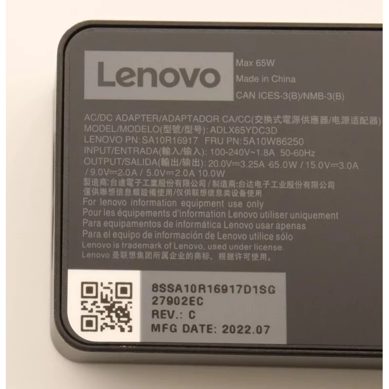 Lenovo 5A10W86250 virtalähde sisäkäyttöön 65 W musta