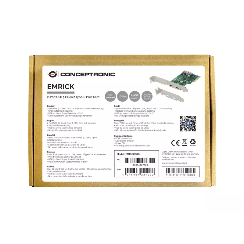 Conceptronic EMRICK 2-porttinen USB 3.2 Gen 2 Type-C PCIe-kortti, itsenäisesti toimiva