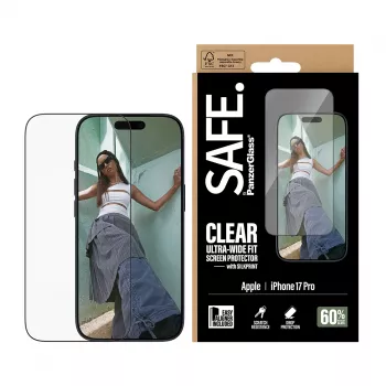 Näytönsuojakalvo PanzerGlass SAFE. by iPhone 17 Pro -puhelimelle — erittäin leveä PET-kalvo mustalla kehyksellä, kuiva-asennus, naarmun- ja iskunkestävä