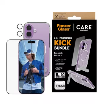 Suojakotelo PanzerGlass CARE Feature Kick 3w1 iPhone 17:lle integroidulla näyttölasilla ja kameran linssinsuojalla