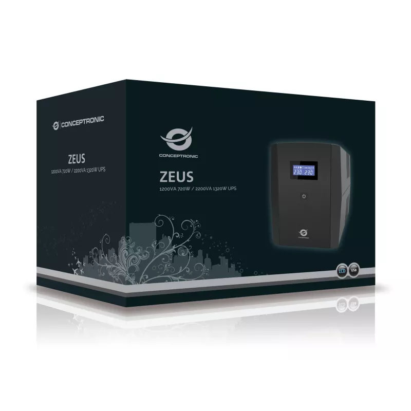 Conceptronic ZEUS 2200VA 1320W UPS, IEC + Schuko-pistorasia, line-interactive, 2,2 kVA, 1320 W, 220 V, 240 V, 220 V