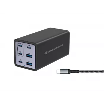Conceptronic 6-porttinen 200W GaN USB PD -laturi USB-C-latauskaapelilla, USB-C x 4, USB-A x 2, QC 3.0, PD 3.1, PPS