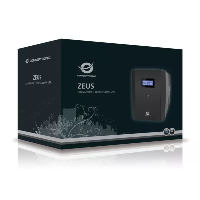 Conceptronic ZEUS 1200VA 720W UPS, IEC + Schuko-pistorasia, Line-Interactive, 1,2 kVA, 720 W, 220 V, 240 V, 220 V