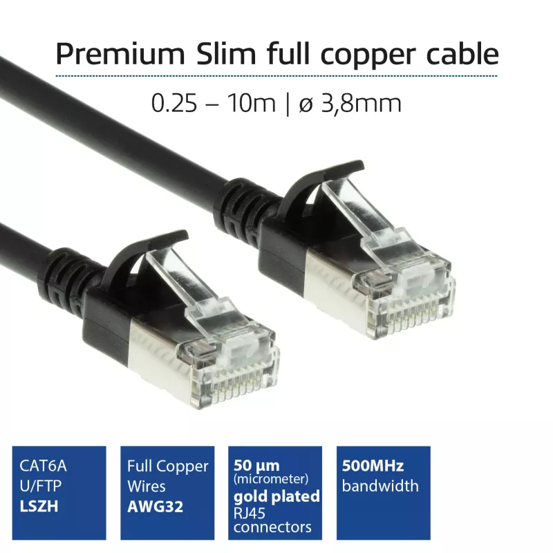 ACT musta 2 metriä LSZH U/FTP CAT6A datacenter ohut patch-kaapeli snagless RJ45-liittimillä
