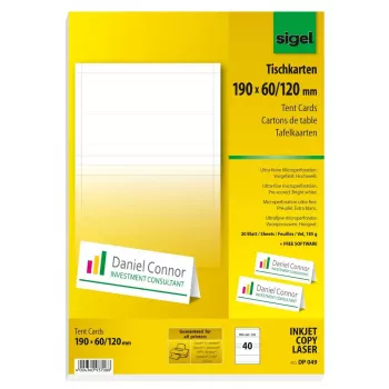 Sigel DP049 pöytäkortit, 190 x 60 mm, 185 g/m², kirkkaanvalkoinen, 40 kpl (20 arkkia x 2)