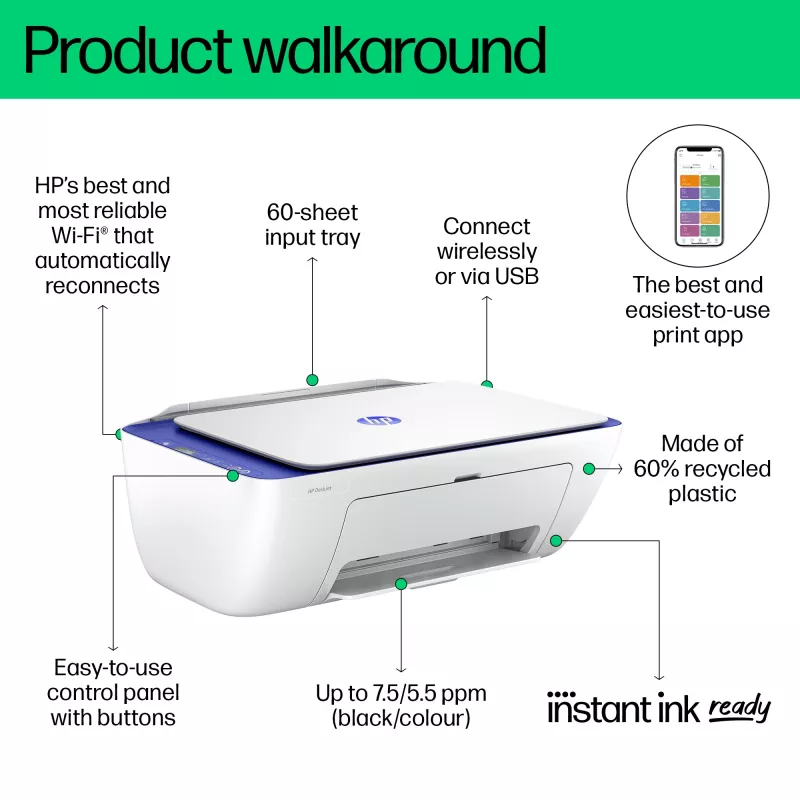HP DeskJet 2821e langaton monitoimiväritulostin, Instant Ink; kopiokone, skanneri