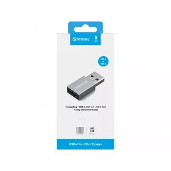 Sandberg USB-A - USB-C adapteri, USB-A, USB-C, alumiini