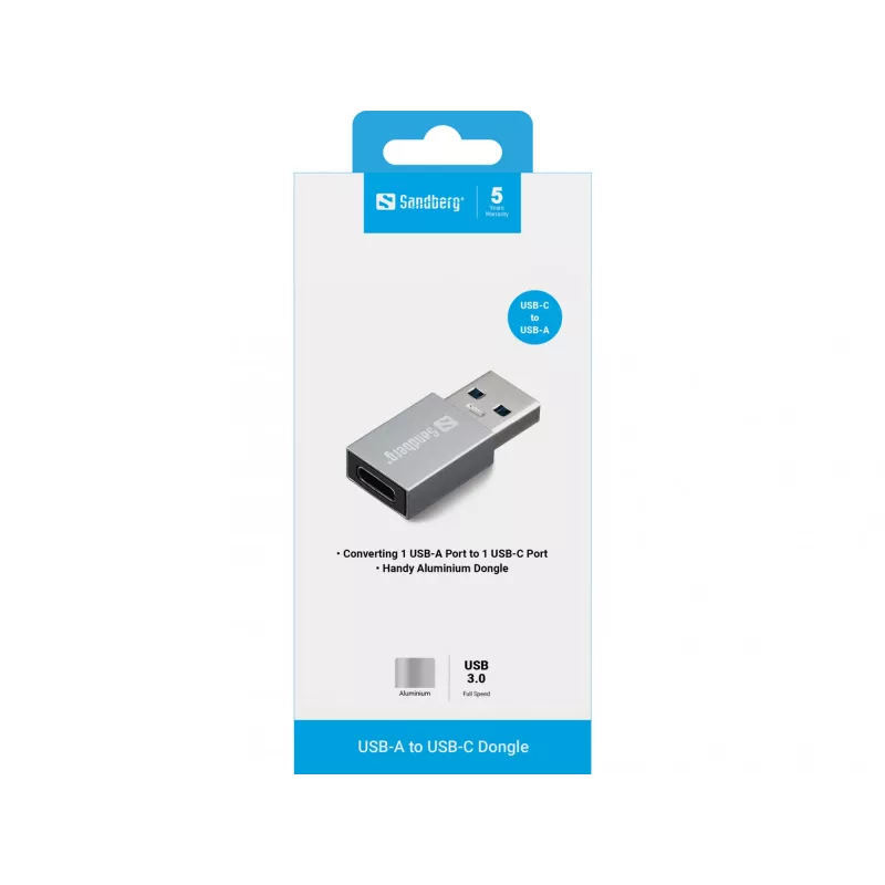 Sandberg USB-A - USB-C adapteri, USB-A, USB-C, alumiini