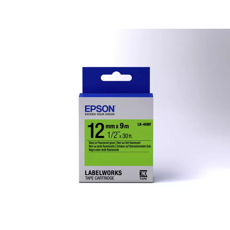 Epson tarranauha fluoresoiva LK-4GBF musta/vihreä 12 mm (9 m)