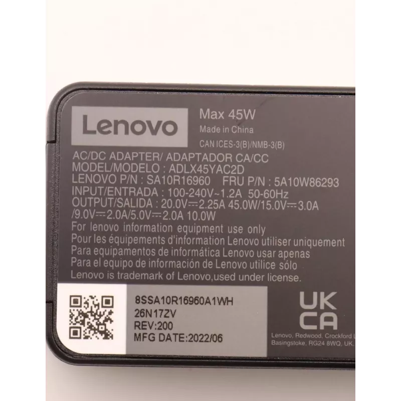 Lenovo 5A10W86293 verkkolaite/muunnin sisäkäyttöön 45 W musta