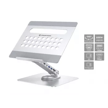 Conceptronic DONN27G, kannettavan tietokoneen teline, hopea, alumiini, 360°, USB 3.2 Gen 1 (3.1 Gen 1) Type-C, 5000 Mbit/s
