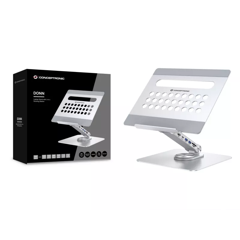 Conceptronic DONN27G, kannettavan tietokoneen teline, hopea, alumiini, 360°, USB 3.2 Gen 1 (3.1 Gen 1) Type-C, 5000 Mbit/s