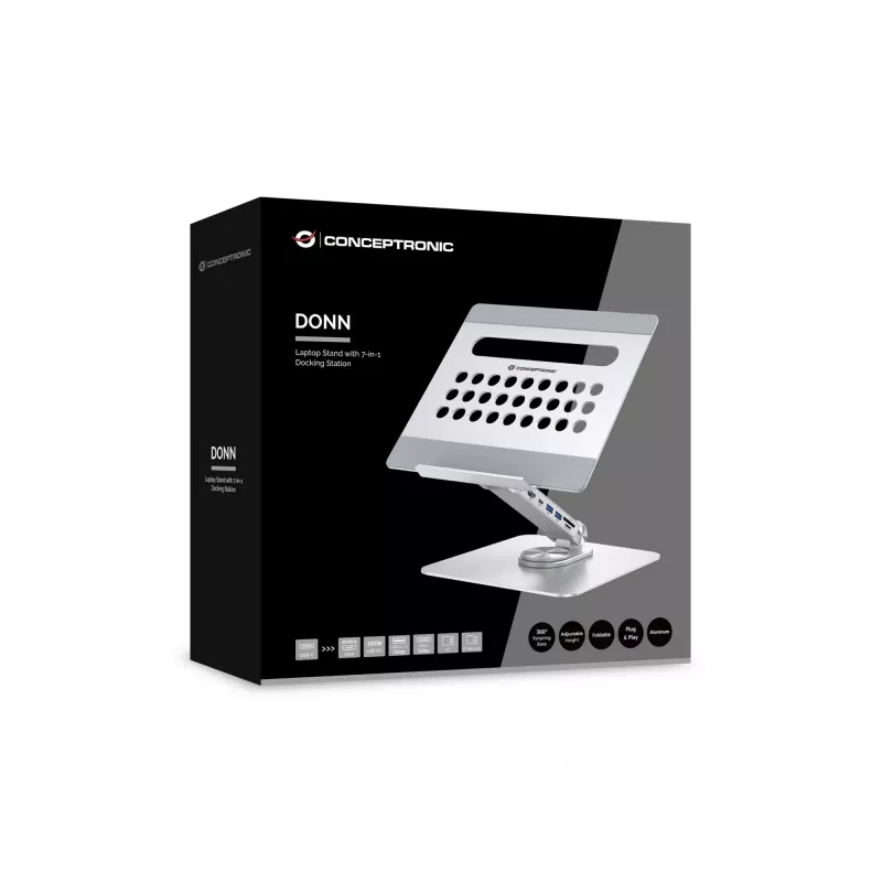 Conceptronic DONN27G, kannettavan tietokoneen teline, hopea, alumiini, 360°, USB 3.2 Gen 1 (3.1 Gen 1) Type-C, 5000 Mbit/s