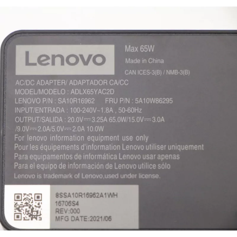 Lenovo 5A10W86295 virtalähde sisäkäyttöön 65 W musta