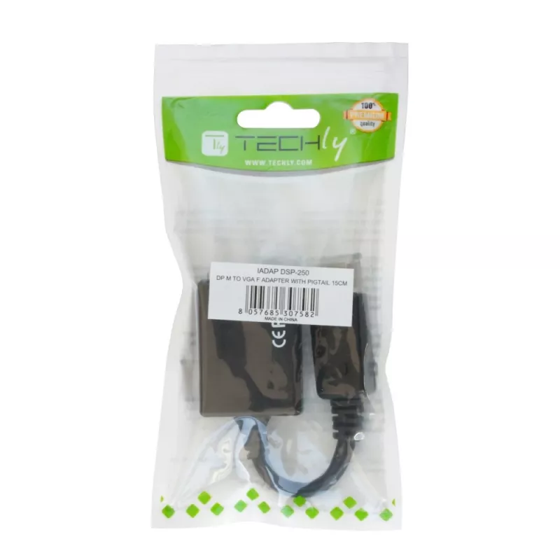 Techly DisplayPort DP - VGA-sovitin M F IADAP DSP-250, 0,07 m, DisplayPort, 2 x VGA (D-Sub), uros, naaras, 1920 x 1200 pikseliä