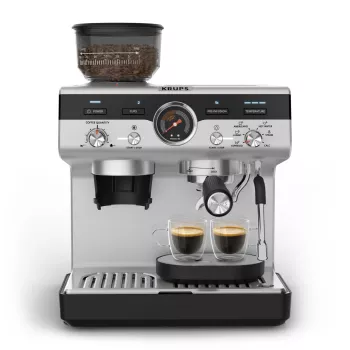 Espressokeitin KRUPS XP801T puoliautomaattinen integroidulla myllyllä, 3 litran vesisäiliö, 2 kupin annostelu, musta/ruostumaton teräs