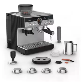 Espressokeitin KRUPS XP801T puoliautomaattinen integroidulla myllyllä, 3 litran vesisäiliö, 2 kupin annostelu, musta/ruostumaton teräs