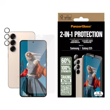 PanzerGlass 2-in-1-suojapakkaus Samsung Galaxy S25 naarmuuntumaton ja iskunkestävä