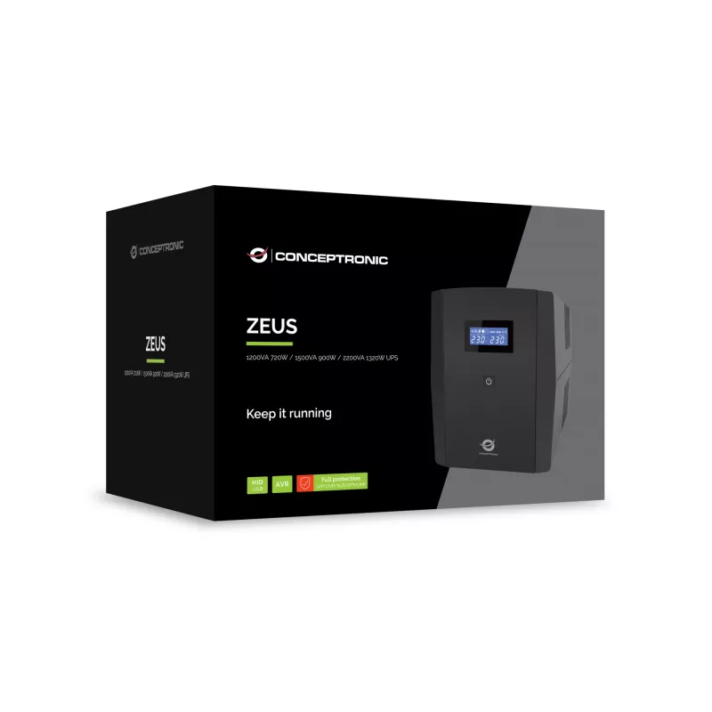 Conceptronic ZEUS03G 1200VA 720W UPS, 4 UK-pistorasiaa, HID-USB, RJ45 tulo/lähtö, AVR