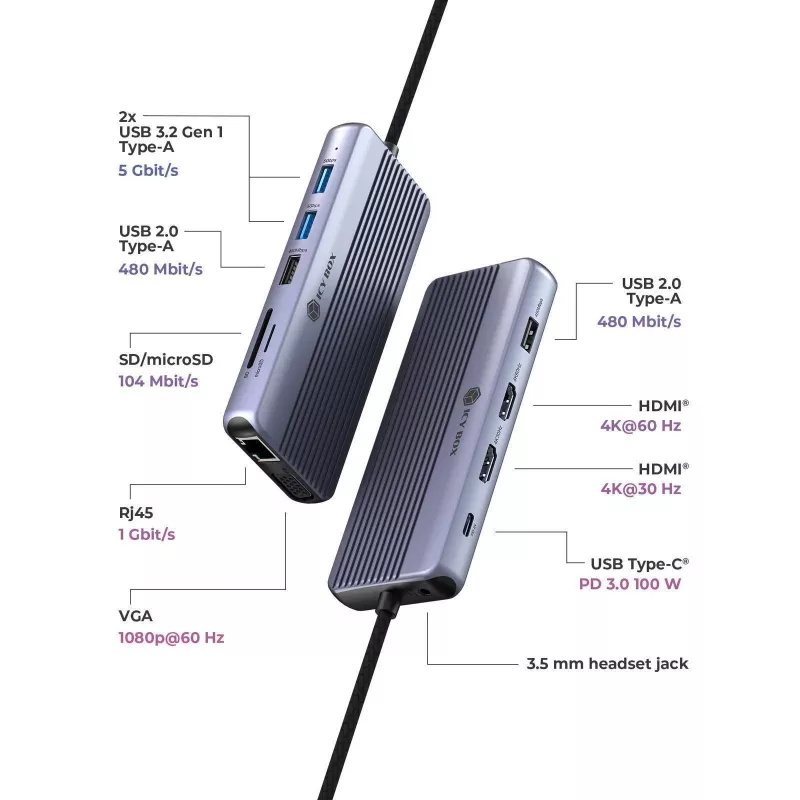 ICY BOX IB-DK4062-CPD langallinen USB 3.2 Gen 1 (3.1 Gen 1) Type-C antrasiitti